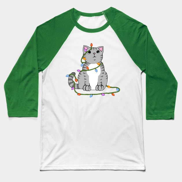 Cute Christmas Cat Wrapped in Xmas Lights Kawaii Gray Tabby Baseball T-Shirt by xenotransplant